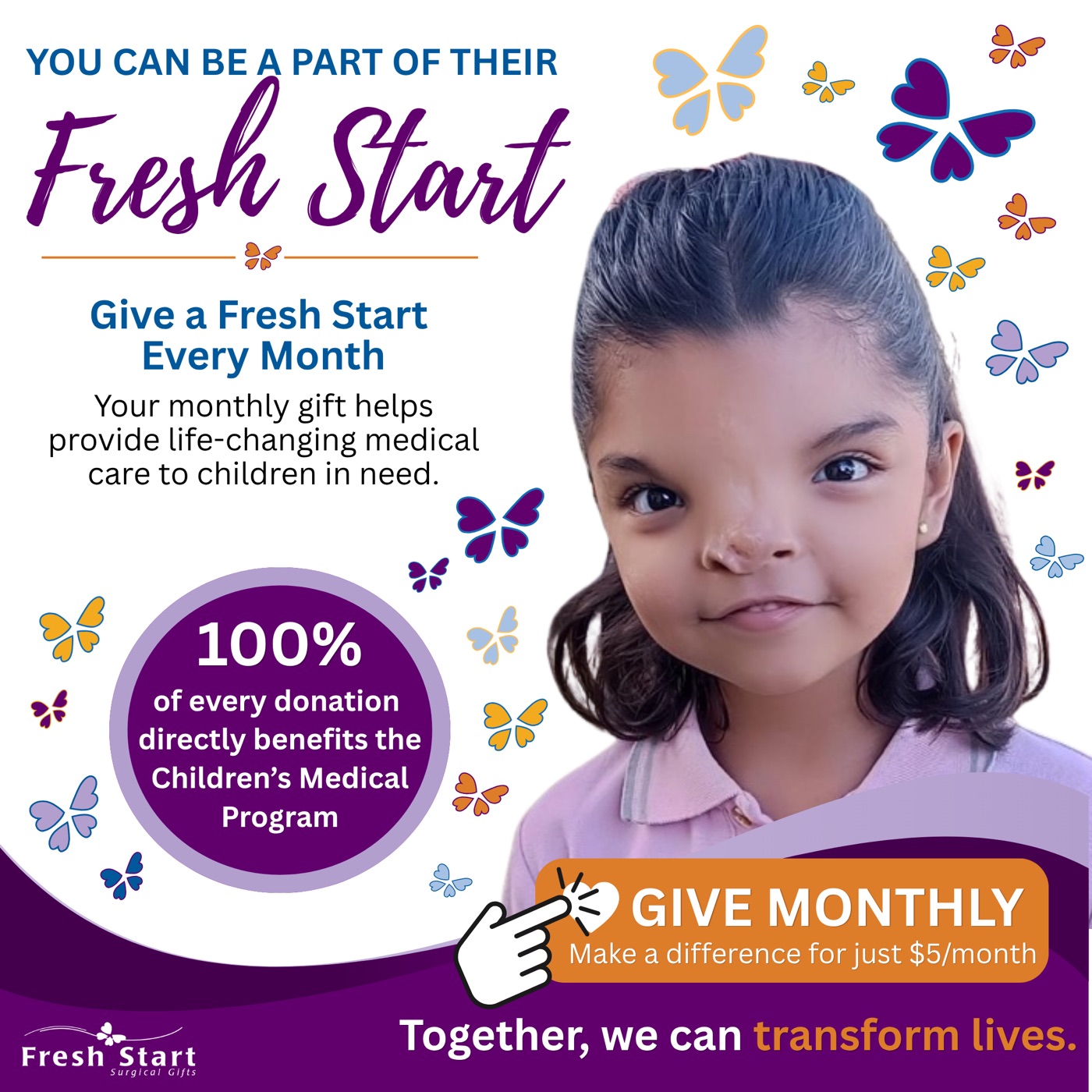 Give a Fresh Start Every Month, monthly giving for Fresh Start Surgical Gifts, click to give monthly