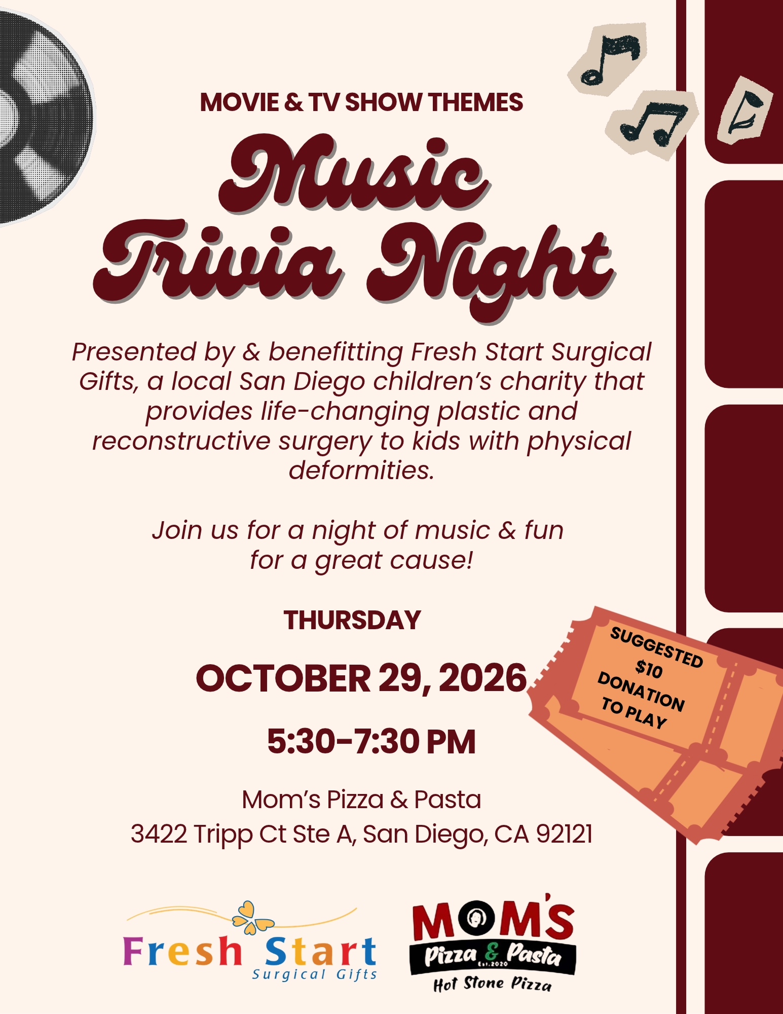 Music Trivia Night at Mom’s Pizza & Pasta flyer
