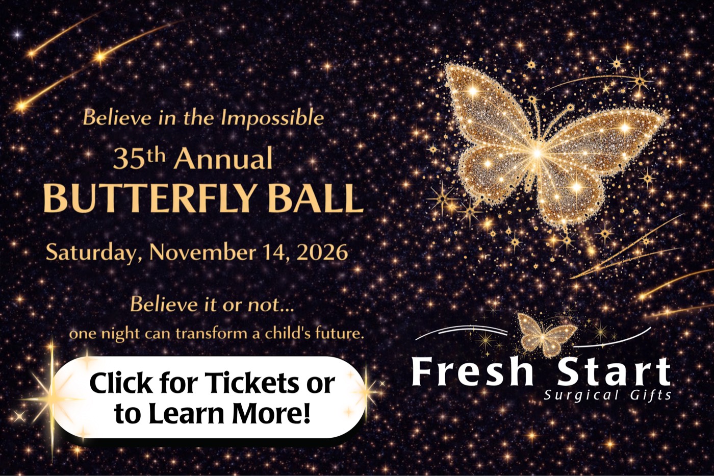35th Annual Butterfly Ball, Saturday, November 14, 2026, Fresh Start Surgical Gifts, click for tickets or to learn more